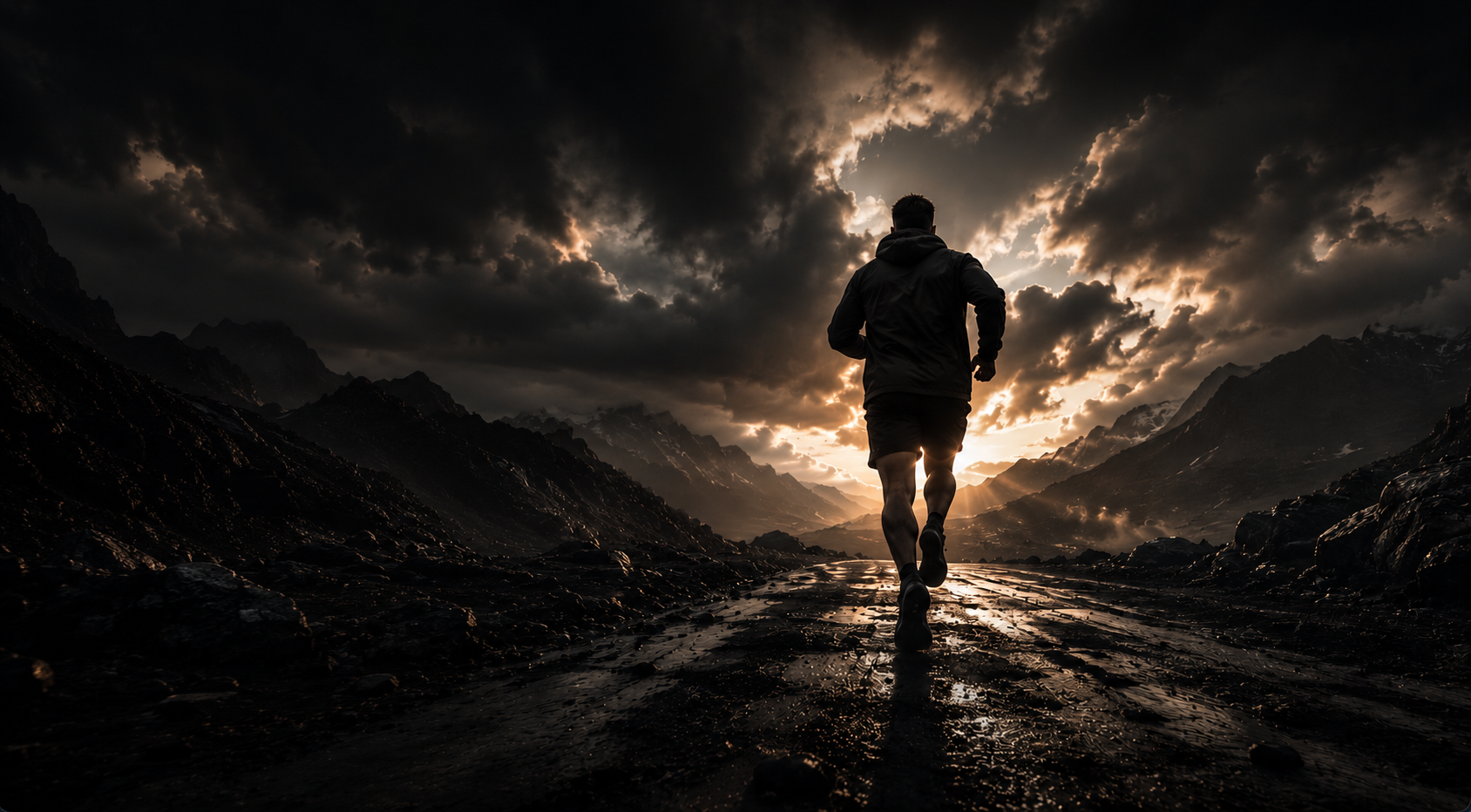 Athlete sprinting on misty road at dawn